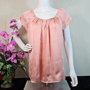 Roz & Ali Large Peach Pleated Neck Petal Sleeve Blouse Silky Office Top